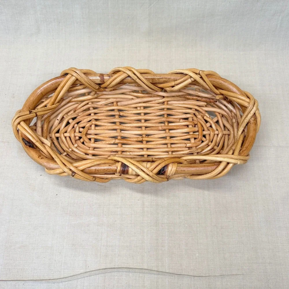 Vintage Natural Woven Rattan Wicker Oval Bread Fruit Basket Tray Co Decorn